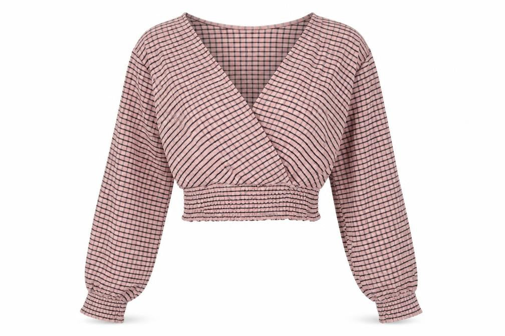 Front view of H&M women’s pink check polyester cropped blouse, size XS, sweetheart