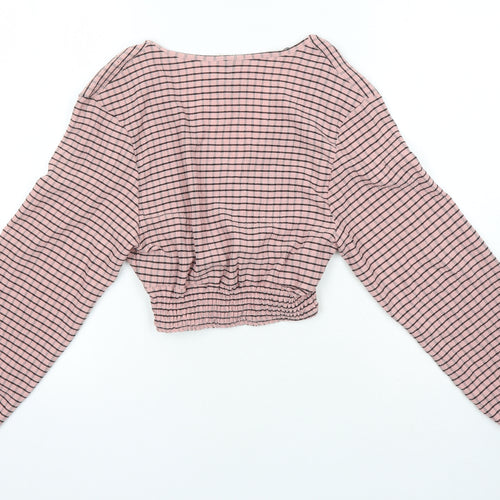 H&M Womens Pink Check Polyester Cropped Blouse Size XS Sweetheart