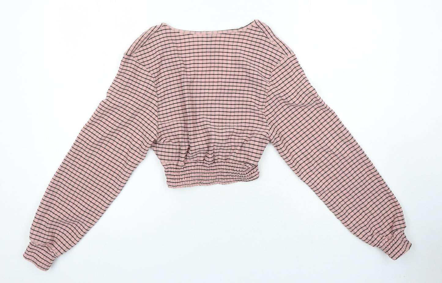 H&M Womens Pink Check Polyester Cropped Blouse Size XS Sweetheart