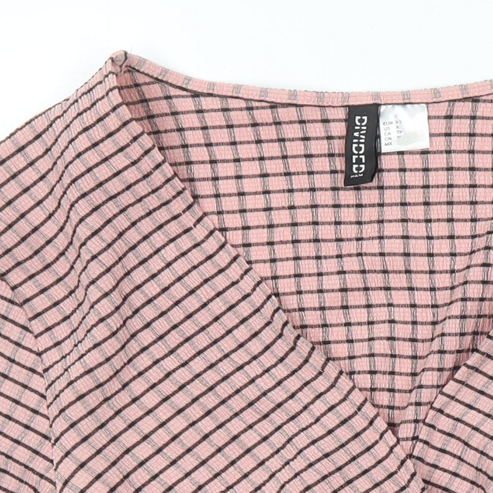 H&M Womens Pink Check Polyester Cropped Blouse Size XS Sweetheart