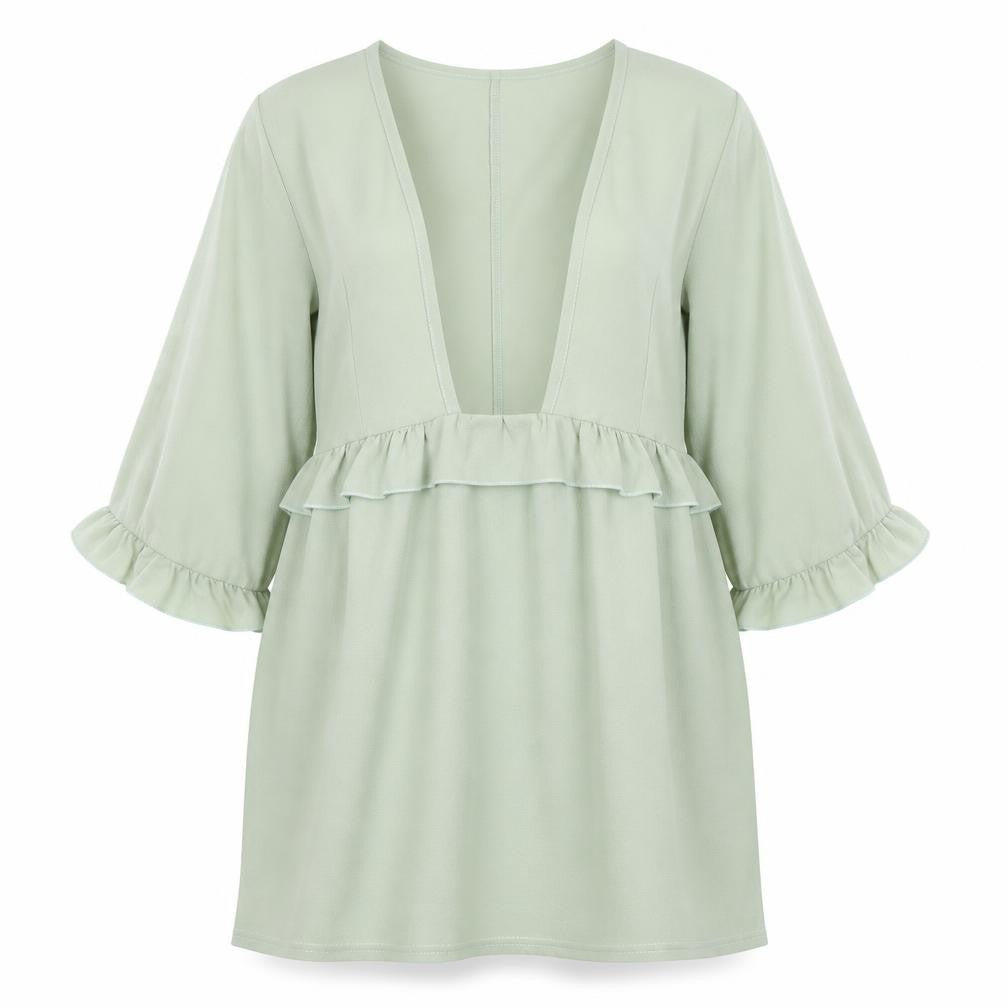 Front view of I SAW IT FIRST women’s green polyester a-line, size UK 8, v-neck