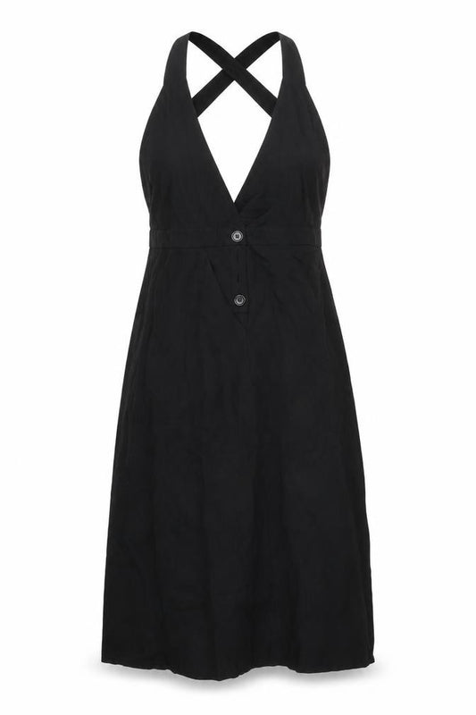 Front view of H&M women’s black lyocell pinafore/dungaree dress, size UK 8, v-neck