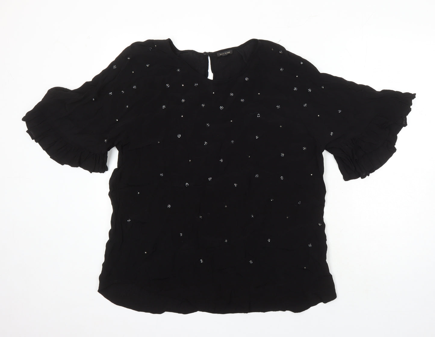 River Island Womens Black Viscose Tunic Blouse Size 18 Boat Neck - Beaded Detail