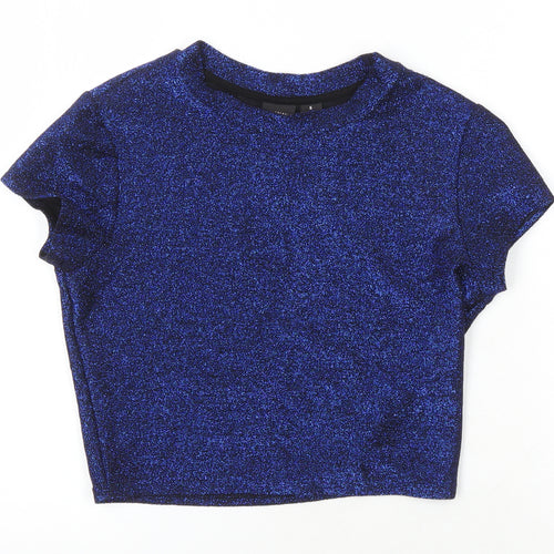 Sparkle & Fade Womens Blue Polyester Cropped T-Shirt Size S Roll Neck - Glitter Effect