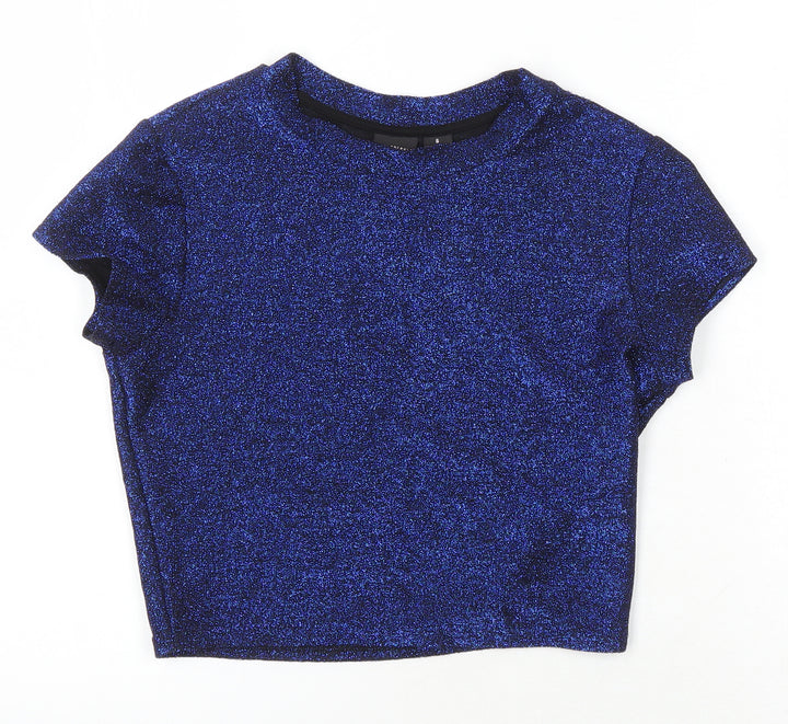 Sparkle & Fade Womens Blue Polyester Cropped T-Shirt Size S Roll Neck - Glitter Effect