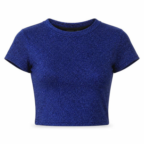 Sparkle & Fade Womens Blue Polyester Cropped T-Shirt Size S Roll Neck - Glitter Effect