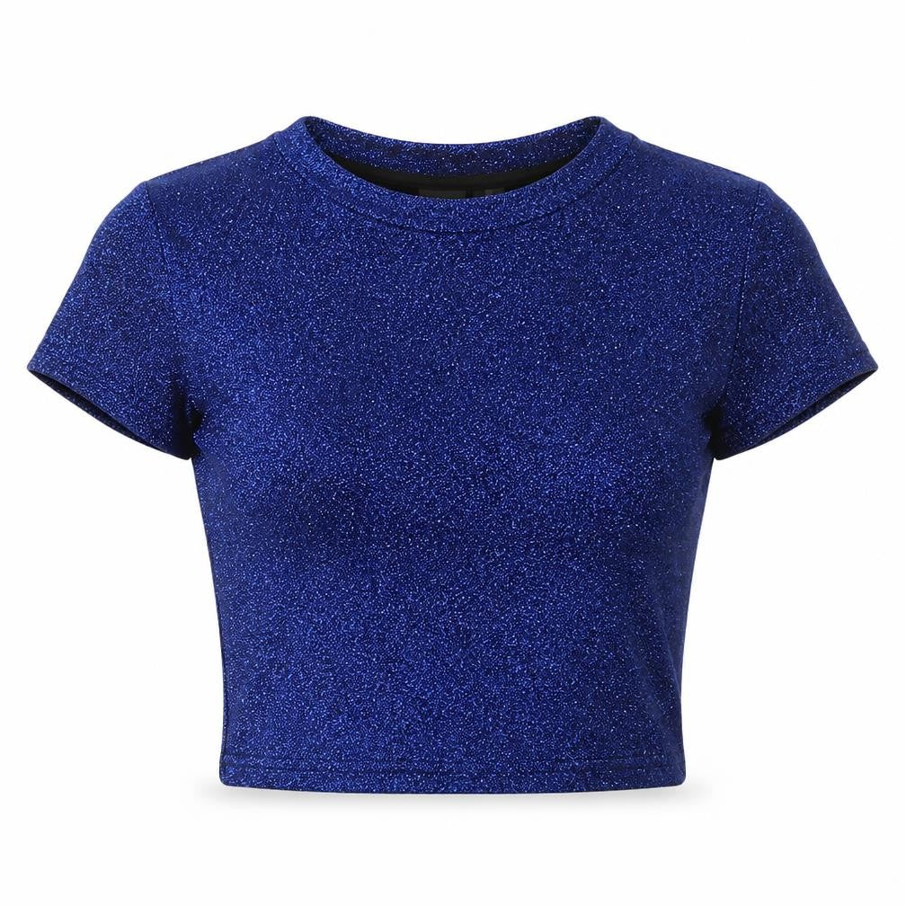 Sparkle & Fade Womens Blue Polyester Cropped T-Shirt Size S Roll Neck - Glitter Effect