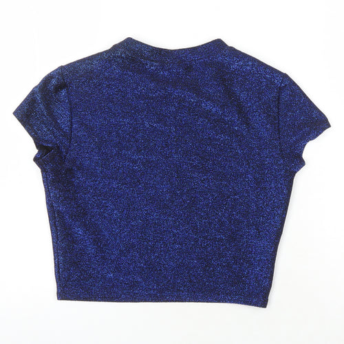 Sparkle & Fade Womens Blue Polyester Cropped T-Shirt Size S Roll Neck - Glitter Effect