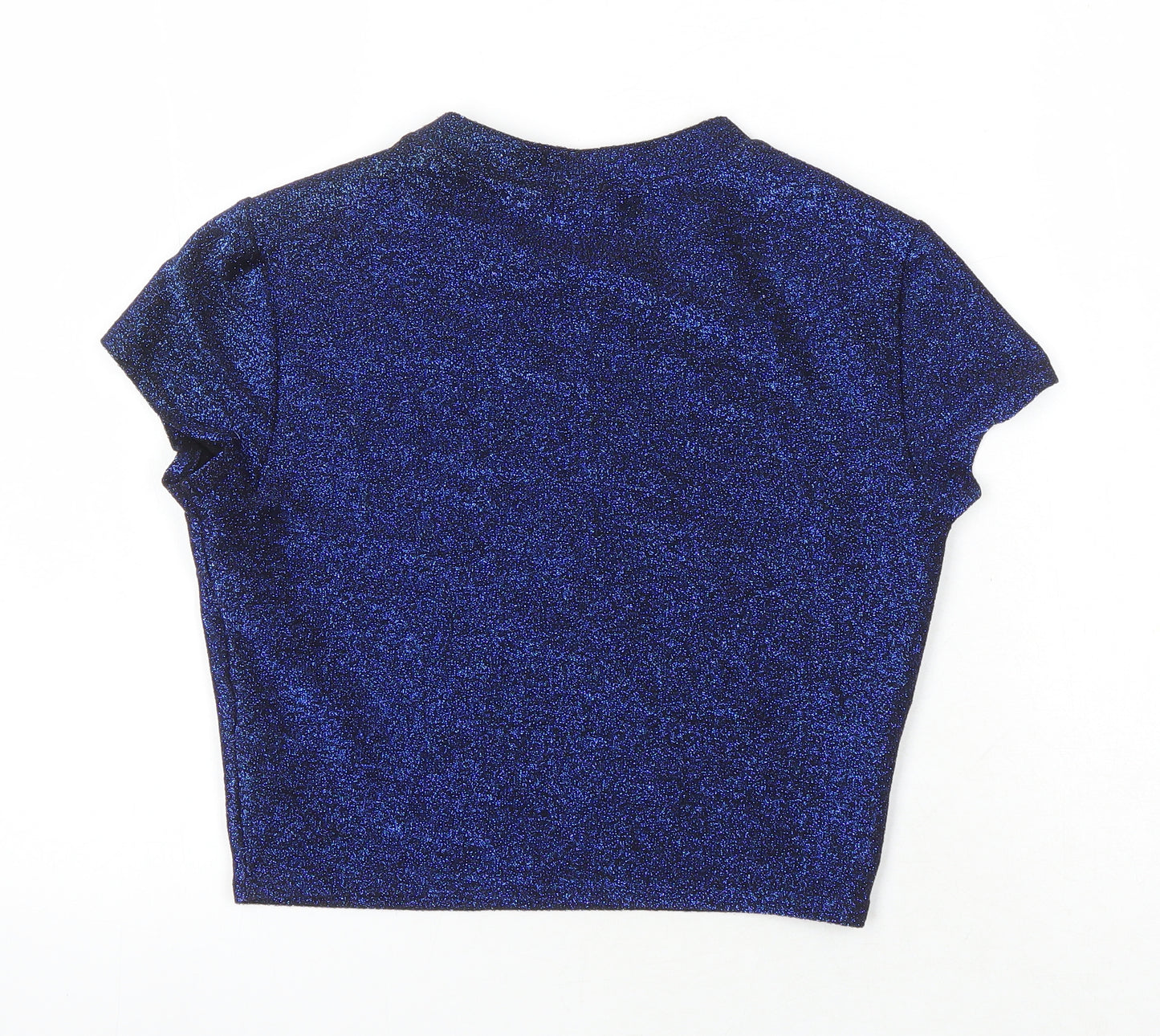 Sparkle & Fade Womens Blue Polyester Cropped T-Shirt Size S Roll Neck - Glitter Effect