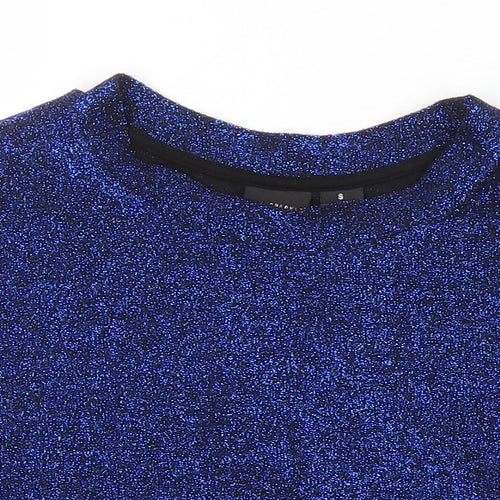 Sparkle & Fade Womens Blue Polyester Cropped T-Shirt Size S Roll Neck - Glitter Effect