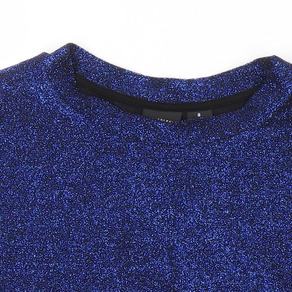Sparkle & Fade Womens Blue Polyester Cropped T-Shirt Size S Roll Neck - Glitter Effect