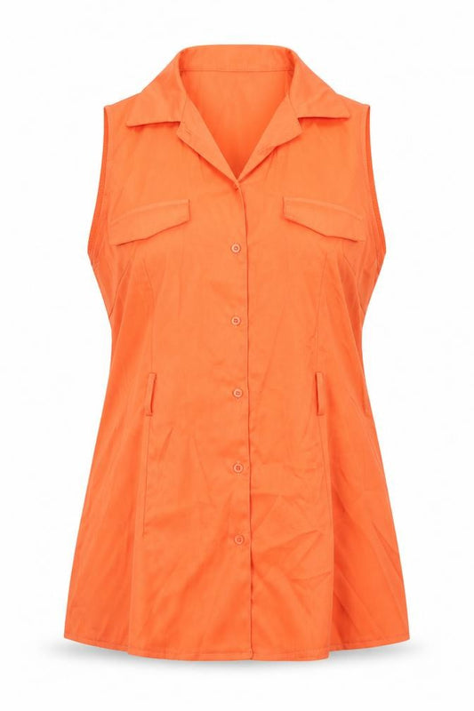 Front view of PRETTYLITTLETHING women’s orange polyester tunic button-up, size UK 14, collared