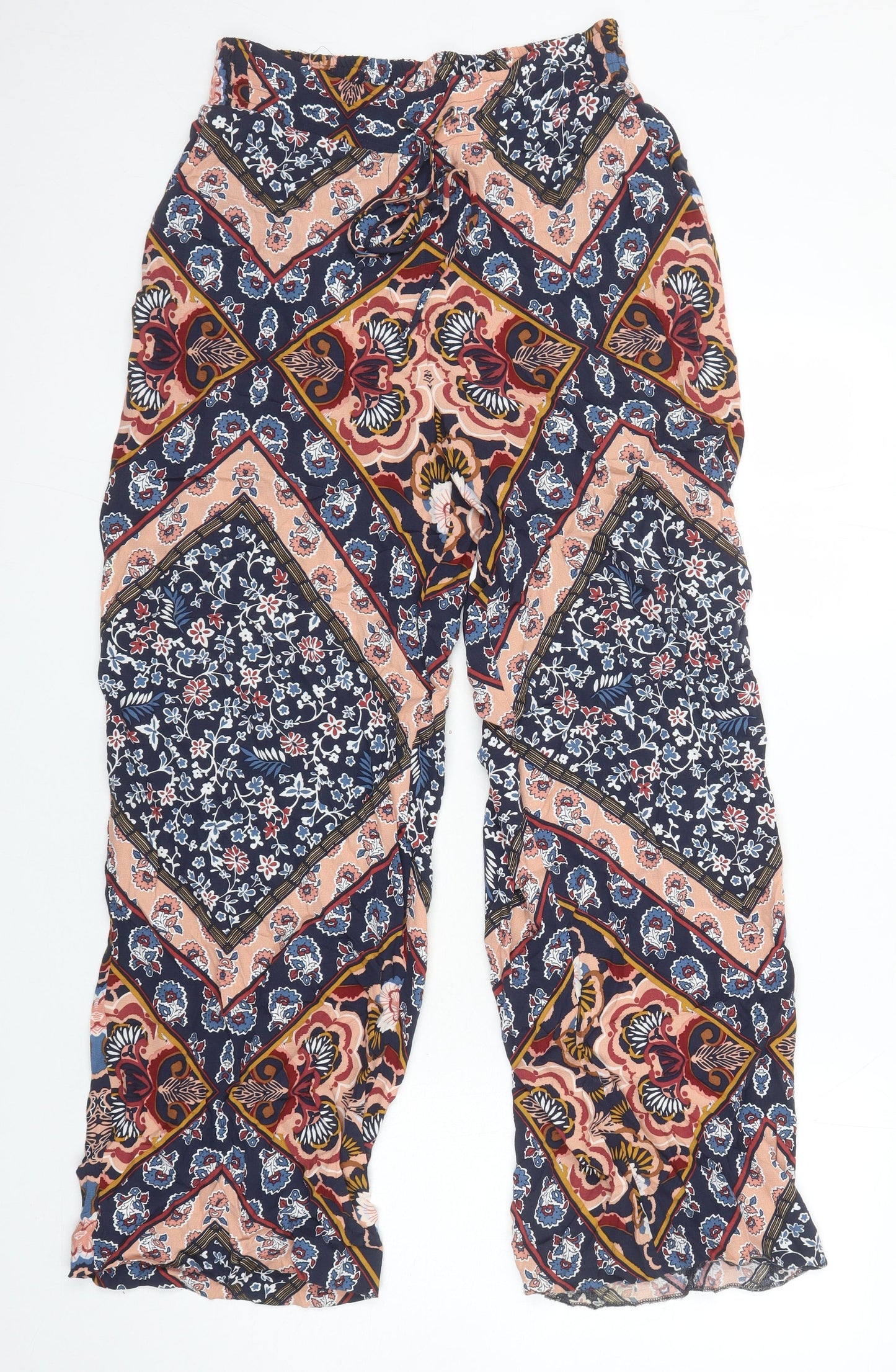 M&S Womens Multicoloured Geometric Viscose Trousers Size 10 L27 in Regular - Elasticated Waist