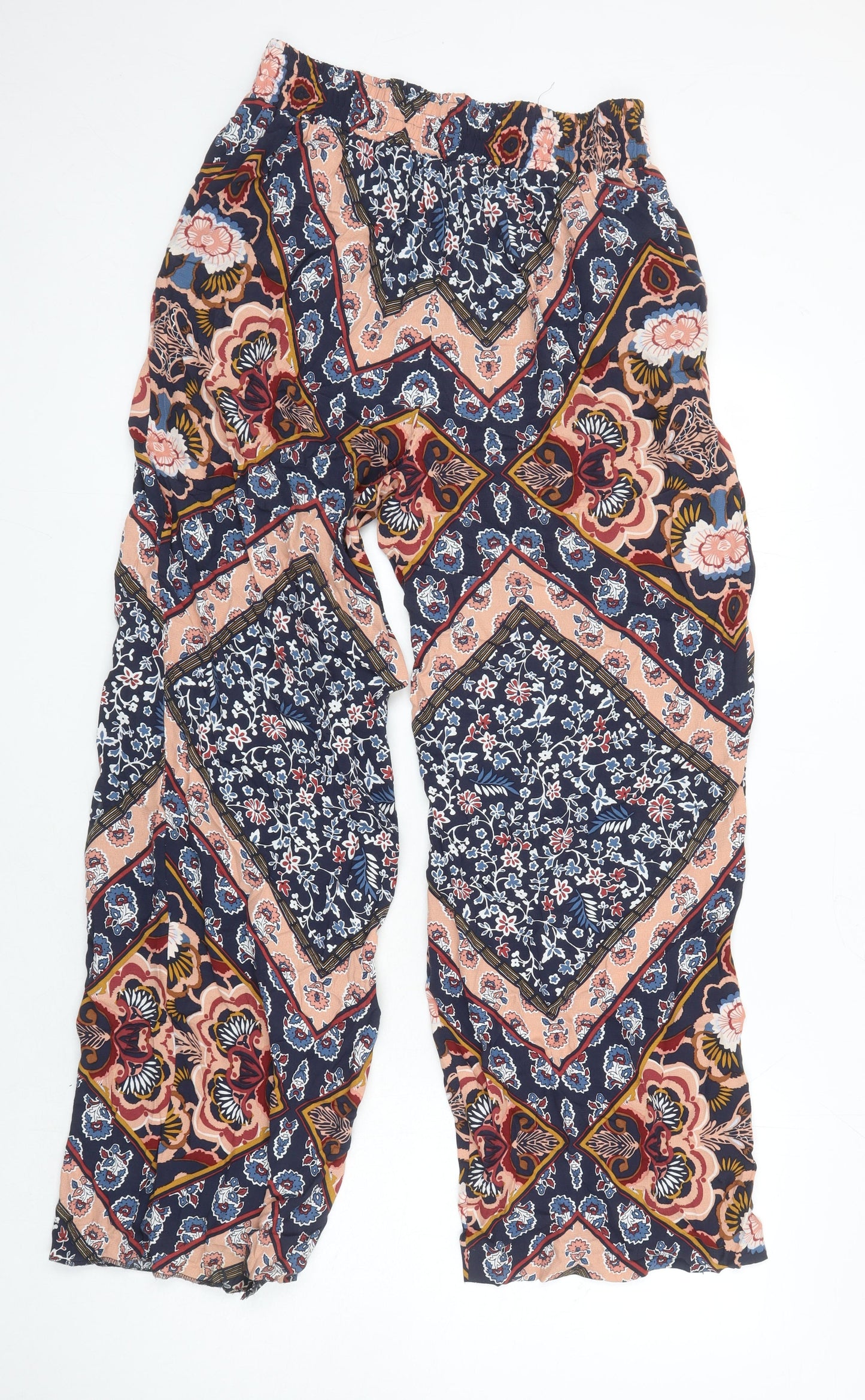 M&S Womens Multicoloured Geometric Viscose Trousers Size 10 L27 in Regular - Elasticated Waist
