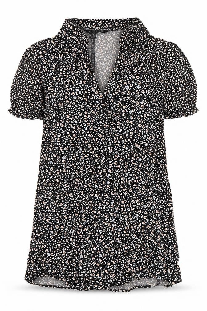 Front view of New Look women’s orange floral viscose tunic blouse, size UK 6, collared