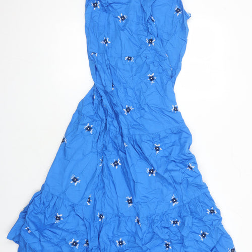 M&S Womens Blue 100% Cotton Shift Size 12 Square Neck - Embroidered Flowers