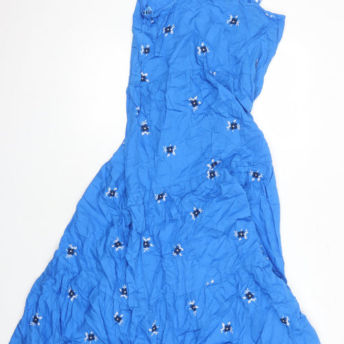 M&S Womens Blue 100% Cotton Shift Size 12 Square Neck - Embroidered Flowers