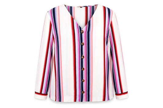 Front view of Bonmarché women’s multicoloured striped polyester tunic blouse, size UK 22, v-neck