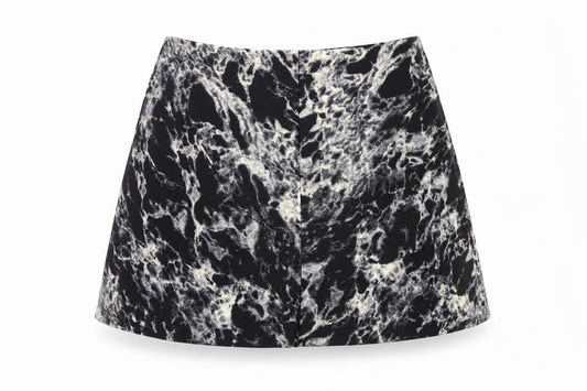 Front view of Marks & Spencer women’s black geometric polyester skater skirt, size UK 14, zip - tie dye
