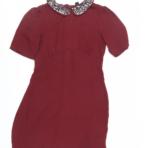 H&M Womens Red Polyester Shift Size 10 Collared Zip - Embellished Collar
