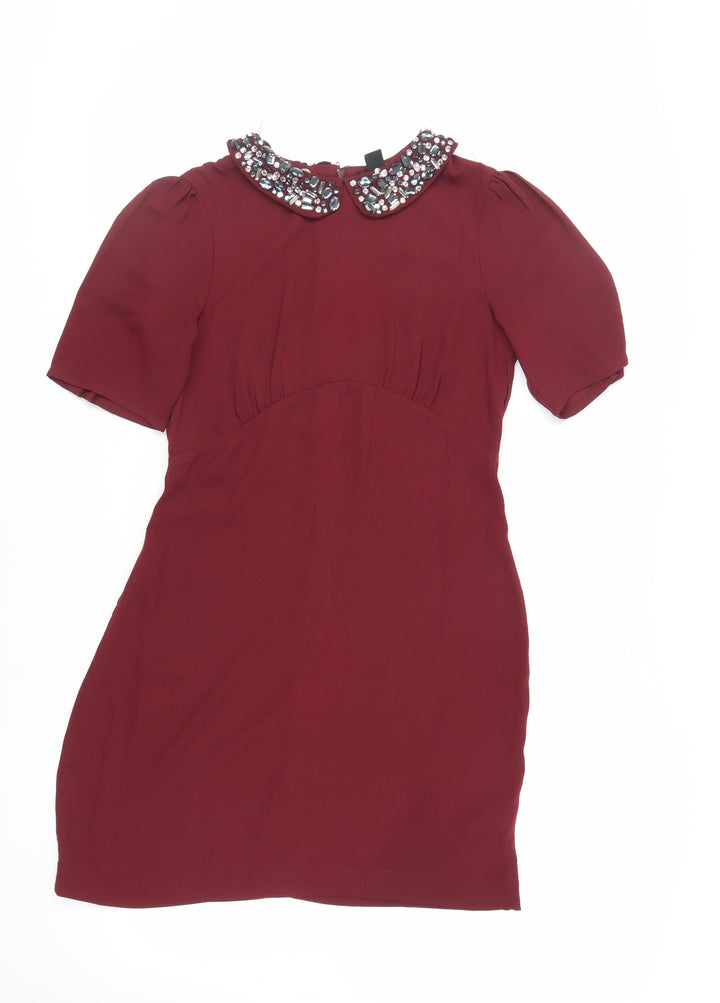 H&M Womens Red Polyester Shift Size 10 Collared Zip - Embellished Collar