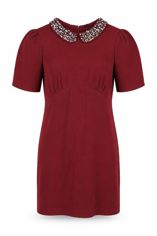 Front view of H&M women’s red polyester shift, size UK 10, collared zip - embellished collar