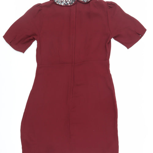 H&M Womens Red Polyester Shift Size 10 Collared Zip - Embellished Collar