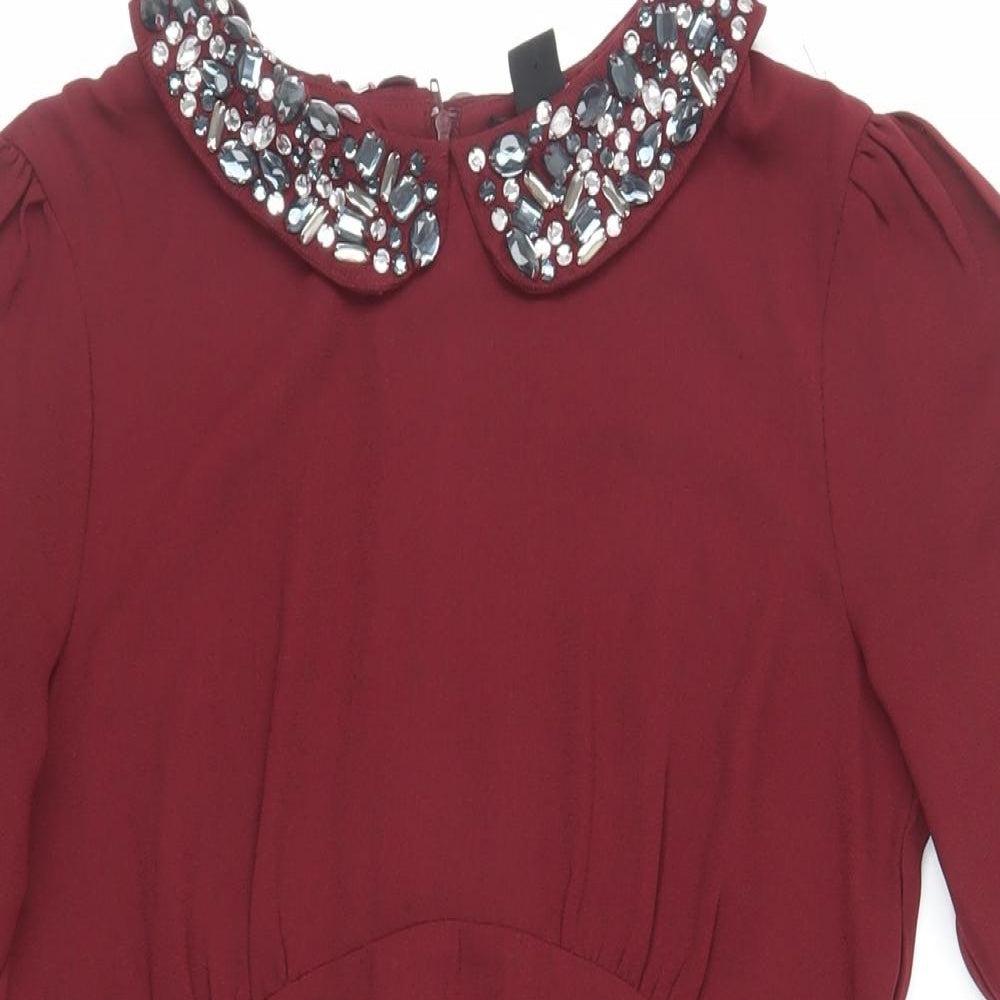 H&M Womens Red Polyester Shift Size 10 Collared Zip - Embellished Collar