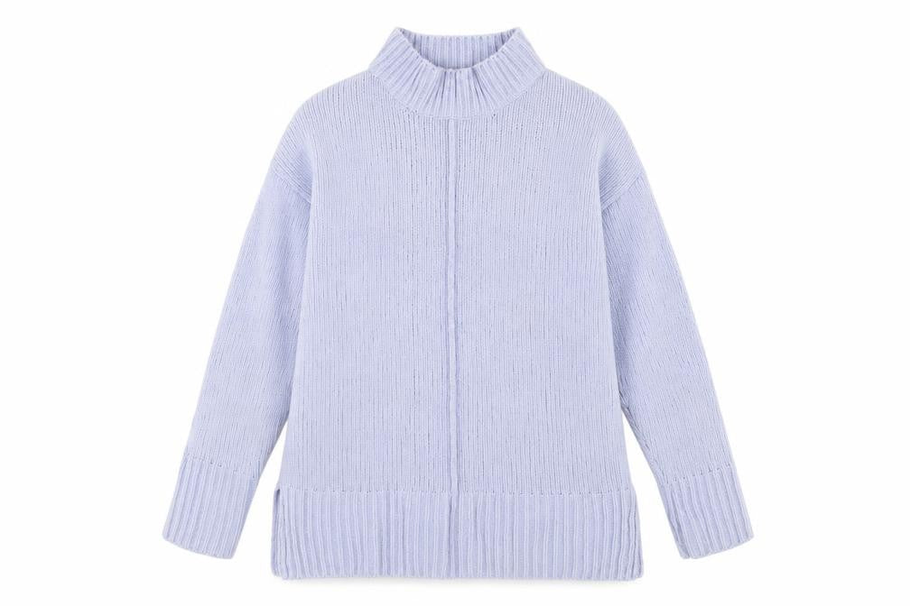 Front view of Marks & Spencer women’s blue mock neck polyester jumper, size M