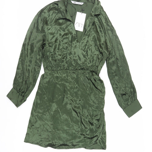 Zara Womens Green Viscose Shirt Dress Size M Collared Zip