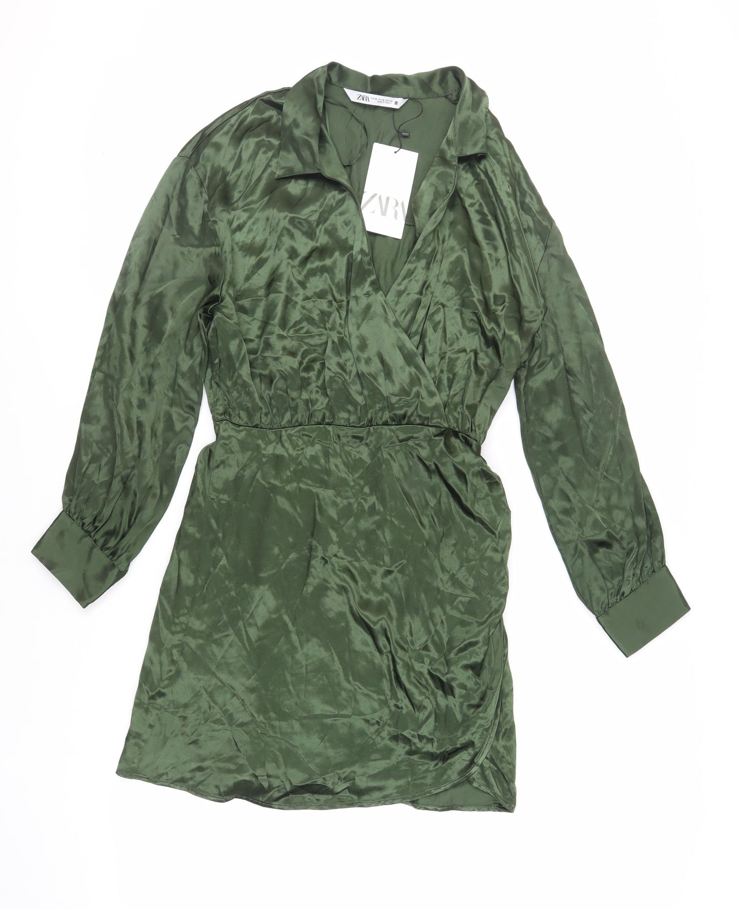 Zara Womens Green Viscose Shirt Dress Size M Collared Zip