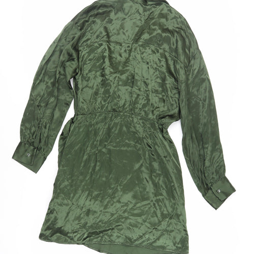 Zara Womens Green Viscose Shirt Dress Size M Collared Zip