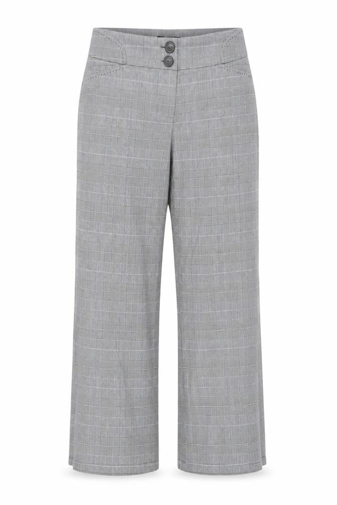 Front view of Next women’s grey plaid polyester trousers, size UK 8, 26-inch leg regular zip - short length