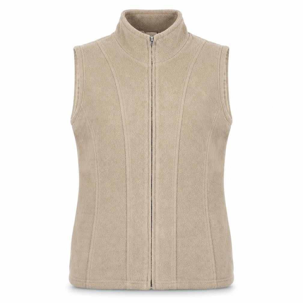 Front view of EWM women’s beige gilet jacket, size UK 14, zip
