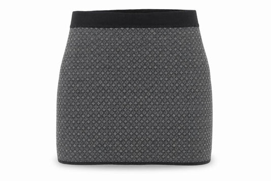 Front view of Kenar women’s grey geometric acrylic mini skirt, size L, - elasticated waist