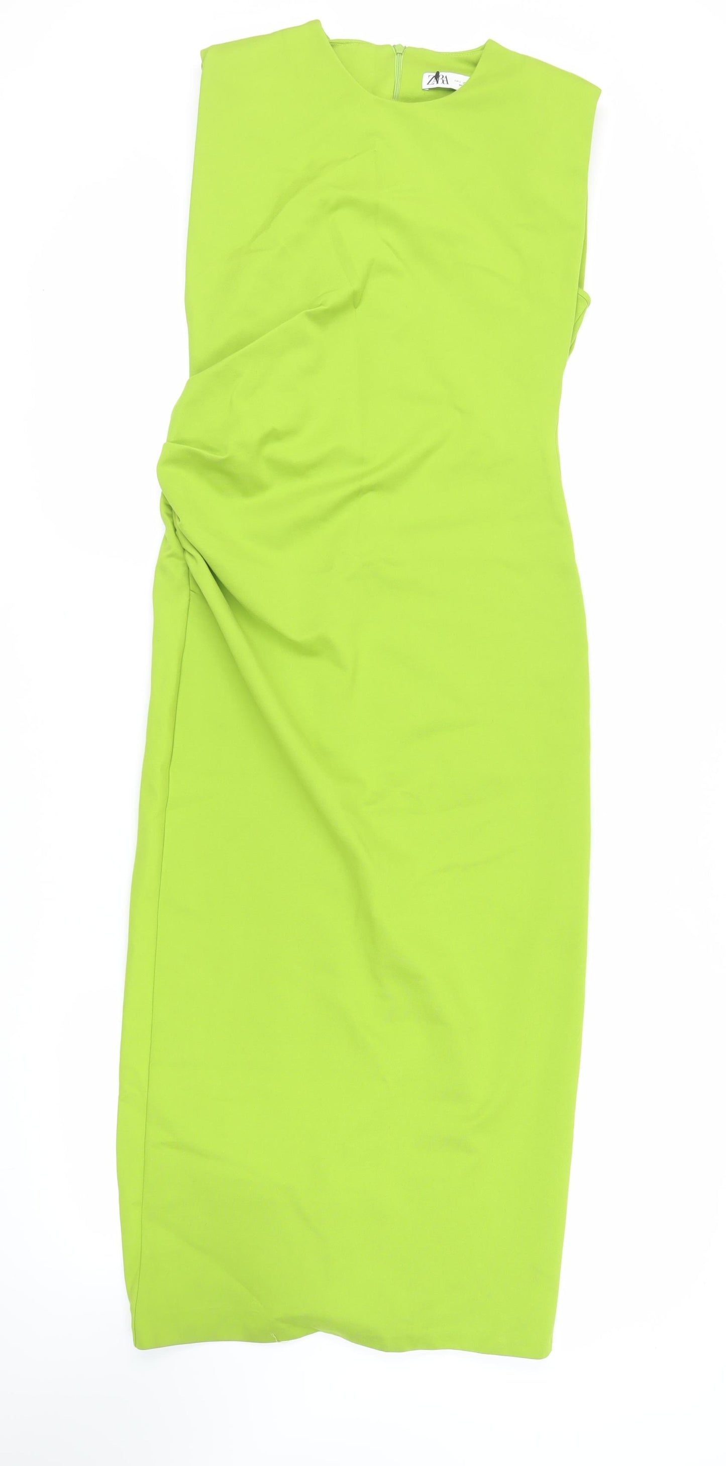 Zara Womens Green Polyester Sheath Size L Round Neck Zip - Ruched