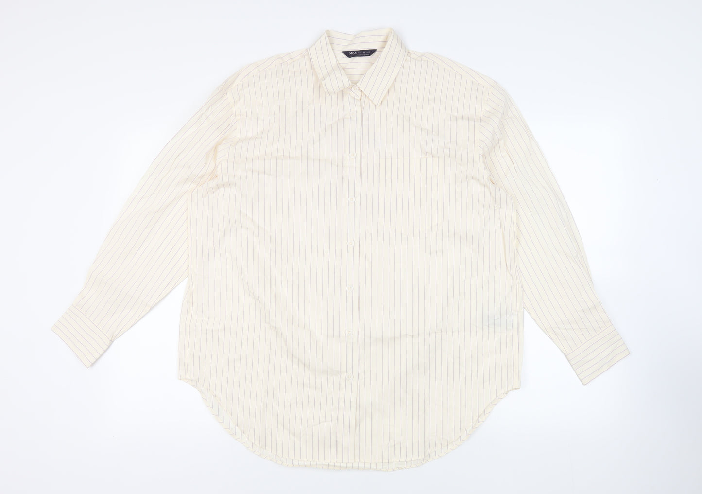 Marks and Spencer Womens Ivory Striped Cotton Basic Button-Up Size 14 Collared