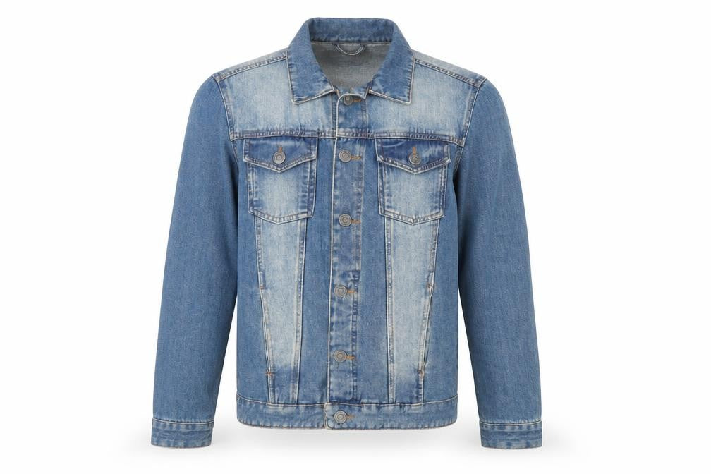 Front view of Brave Soul men’s blue jacket, size L, button