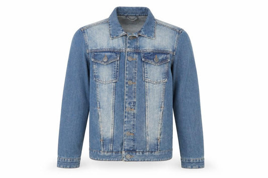 Front view of Brave Soul men’s blue jacket, size L, button