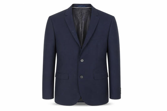 Front view of H&M men’s blue polyester jacket suit jacket, size 42, regular