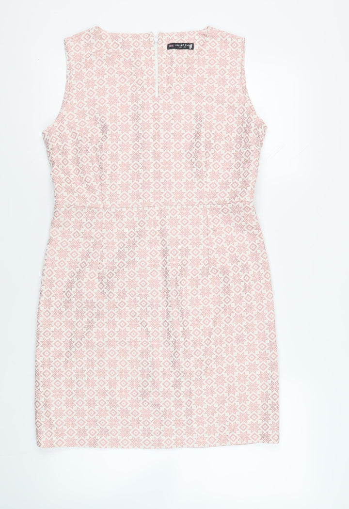 Collection London Womens Pink Geometric Polyester Pencil Dress Size 14 V-Neck Zip