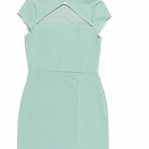 I SAW IT FIRST Womens Green Polyester Mini Size 10 Mock Neck Button - Cut Out Detail