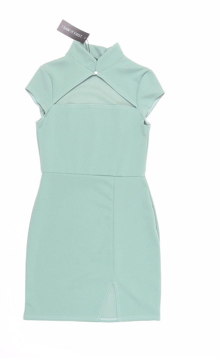 I SAW IT FIRST Womens Green Polyester Mini Size 10 Mock Neck Button - Cut Out Detail