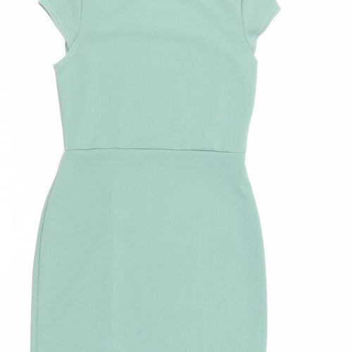 I SAW IT FIRST Womens Green Polyester Mini Size 10 Mock Neck Button - Cut Out Detail