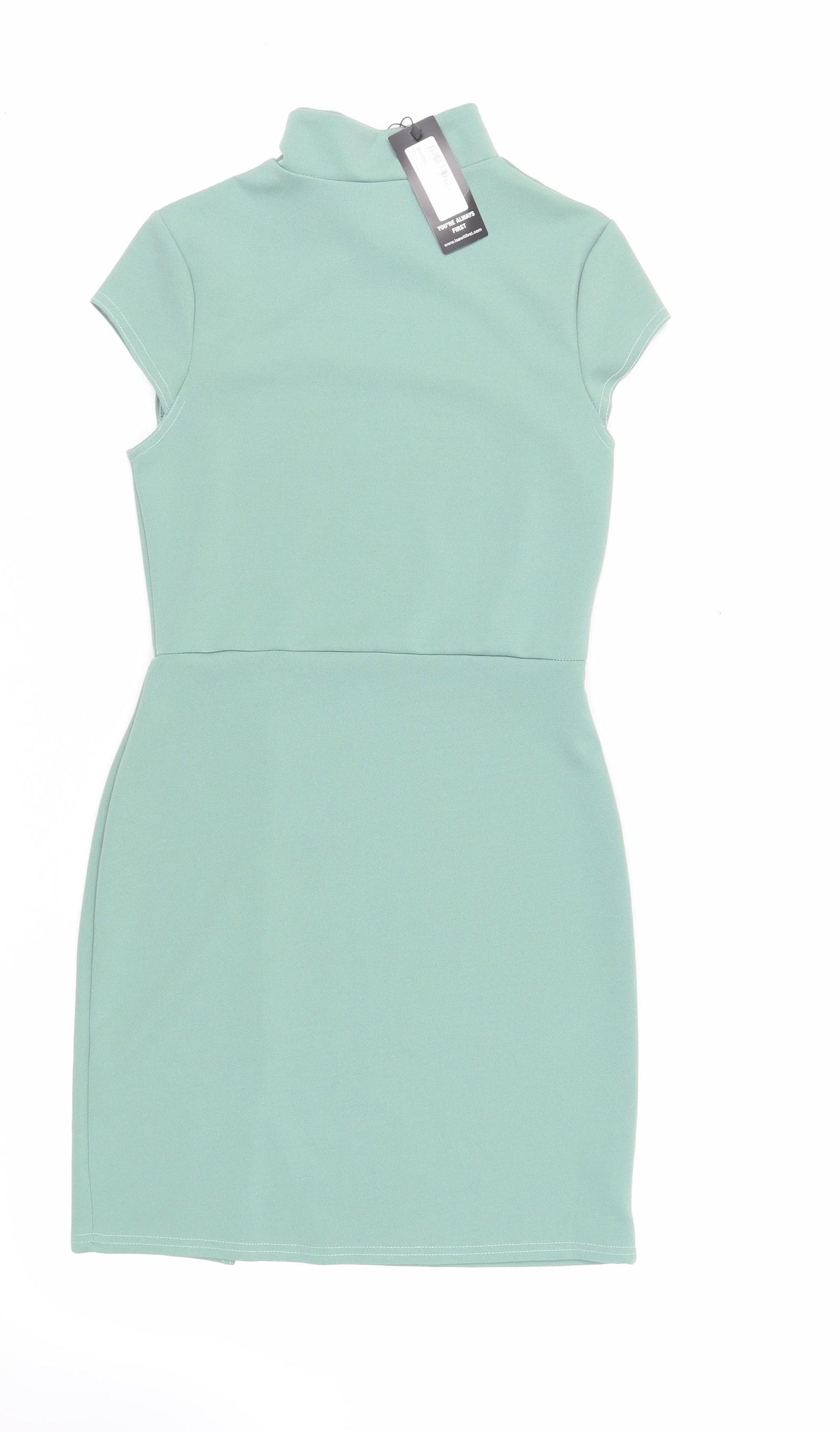 I SAW IT FIRST Womens Green Polyester Mini Size 10 Mock Neck Button - Cut Out Detail