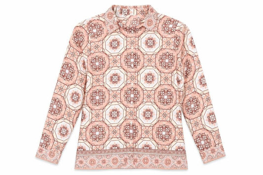 Front view of Marks & Spencer women’s pink geometric polyester basic button-up, size UK 14, collared - mosaic print