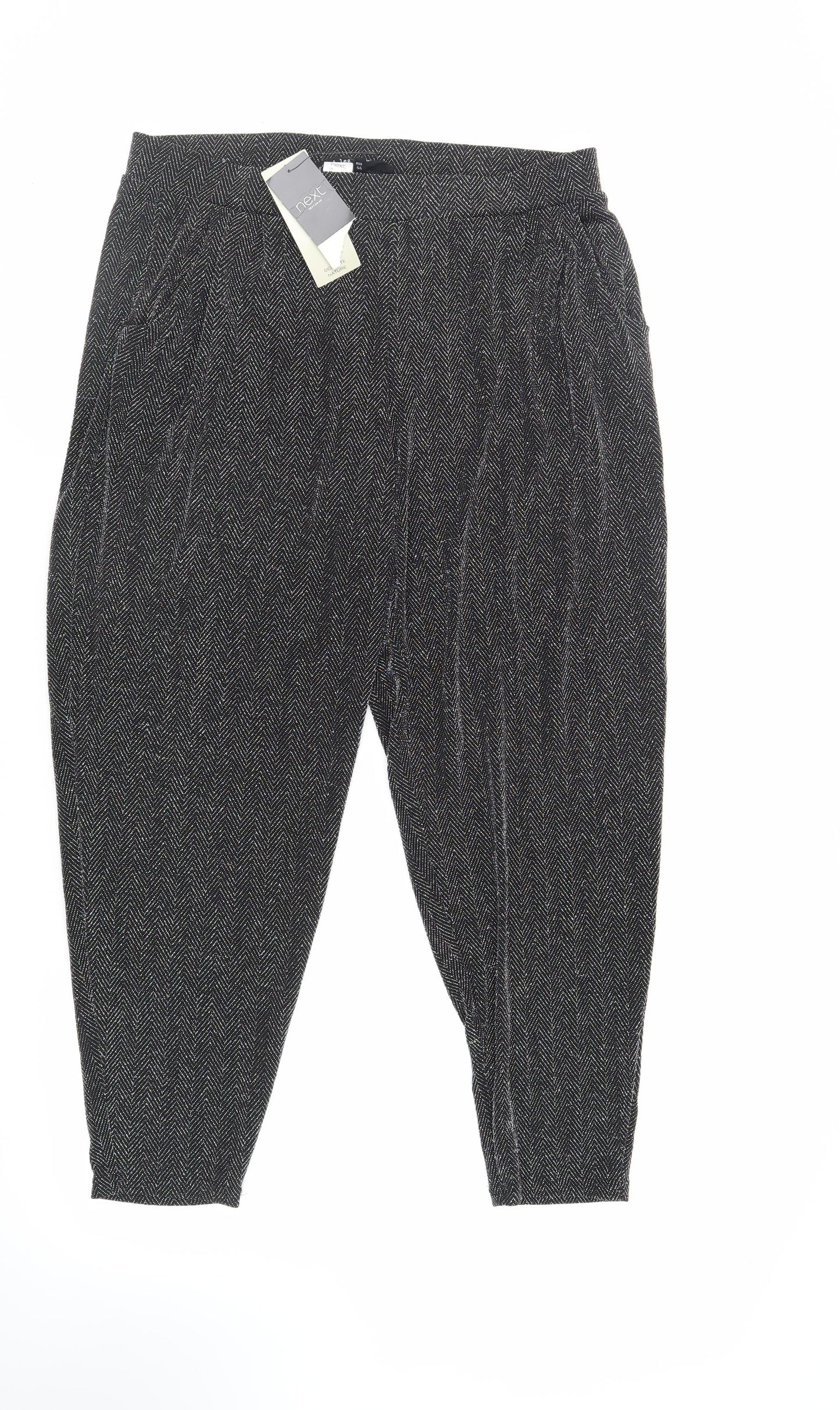 NEXT Womens Black Herringbone Nylon Trousers Size 16 L25 in Regular - Short Length