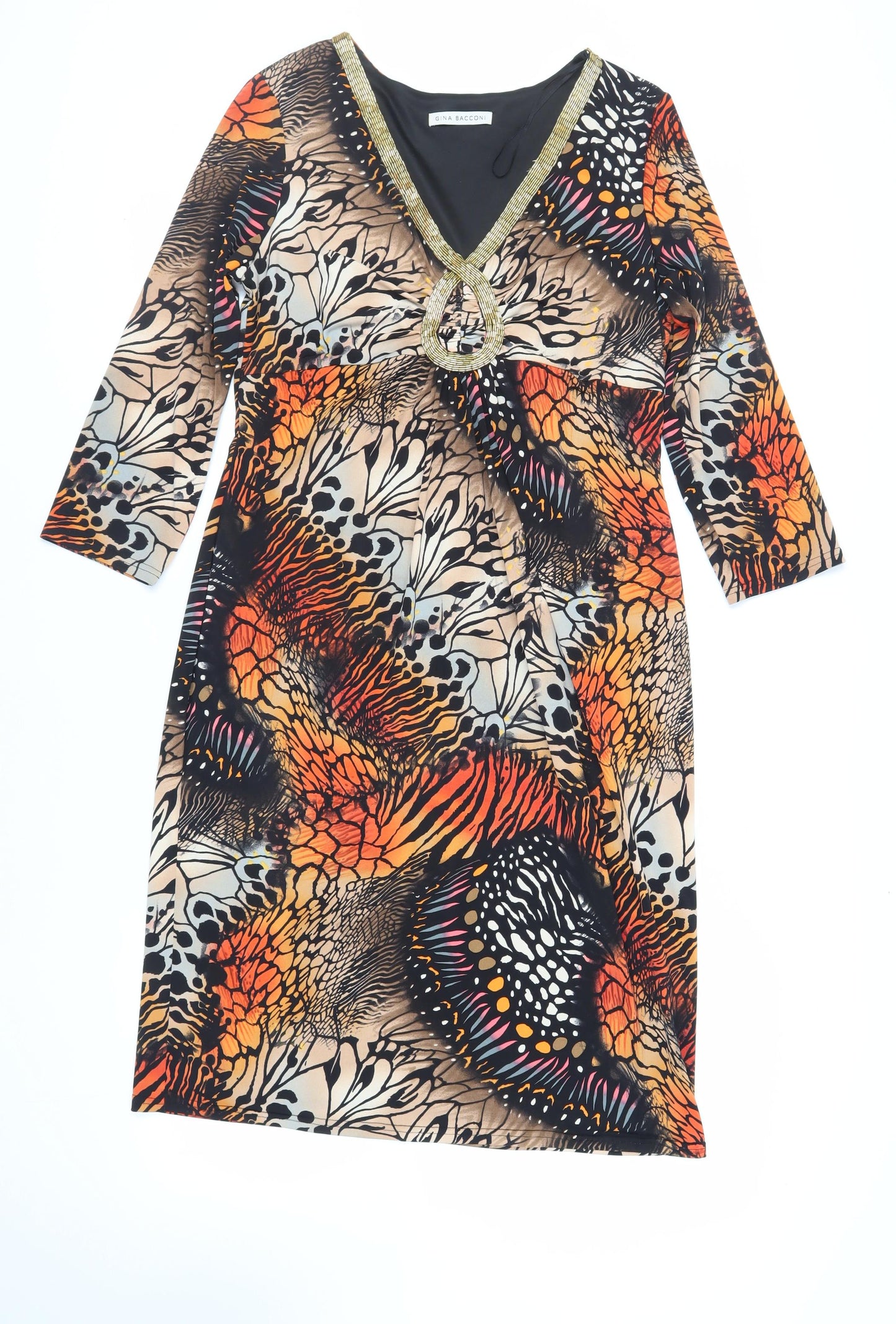 Gina Bacconi Womens Multicoloured Geometric Polyester Sheath Size 16 V-Neck Pullover - Embellished Neckline