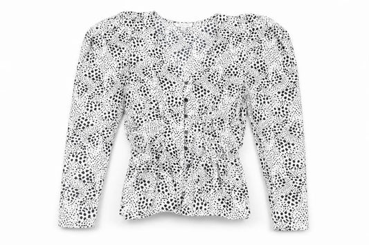 Front view of Topshop women’s white animal print polyester basic button-up, size UK 10, v-neck