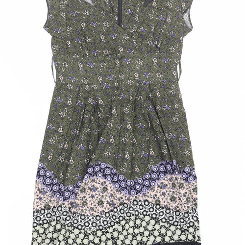 Dorothy Perkins Womens Green Floral Cotton A-Line Size 14 V-Neck Zip